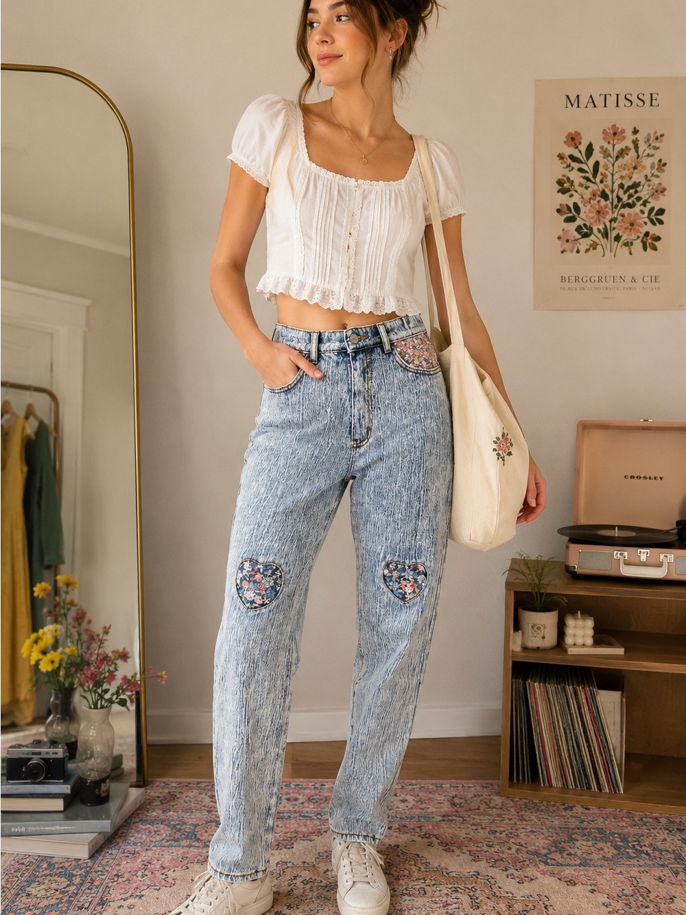 Vintage Milano Girl acid wash mom jeans with floral inserts